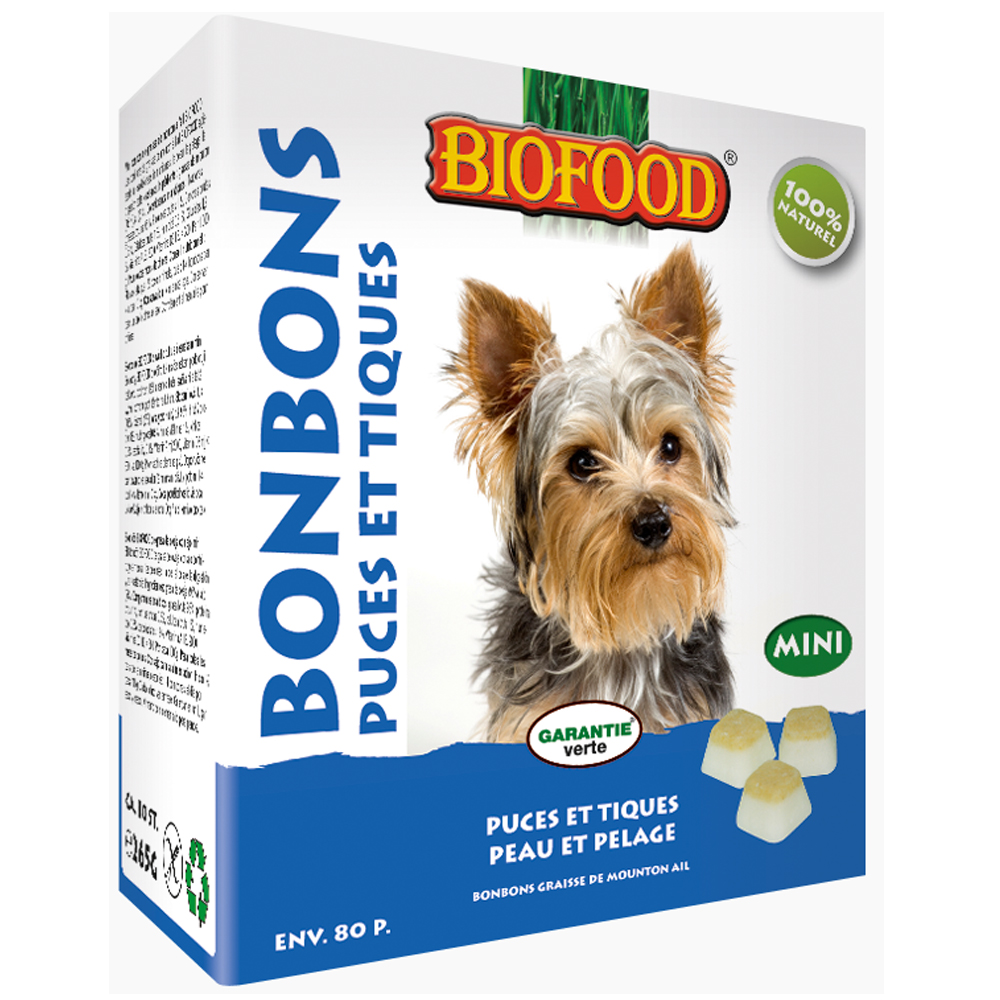 Biofood BF Petfood Bonbon Anti Puces Et Tiques Mini Graisse De Mouton Et Ail Chien 80 Pieces