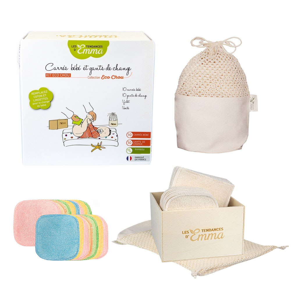 Les Tendances D'Emma Eco Chou Kit Gants De Change + Carrés Bébé Lavables Bois Bambou Colores