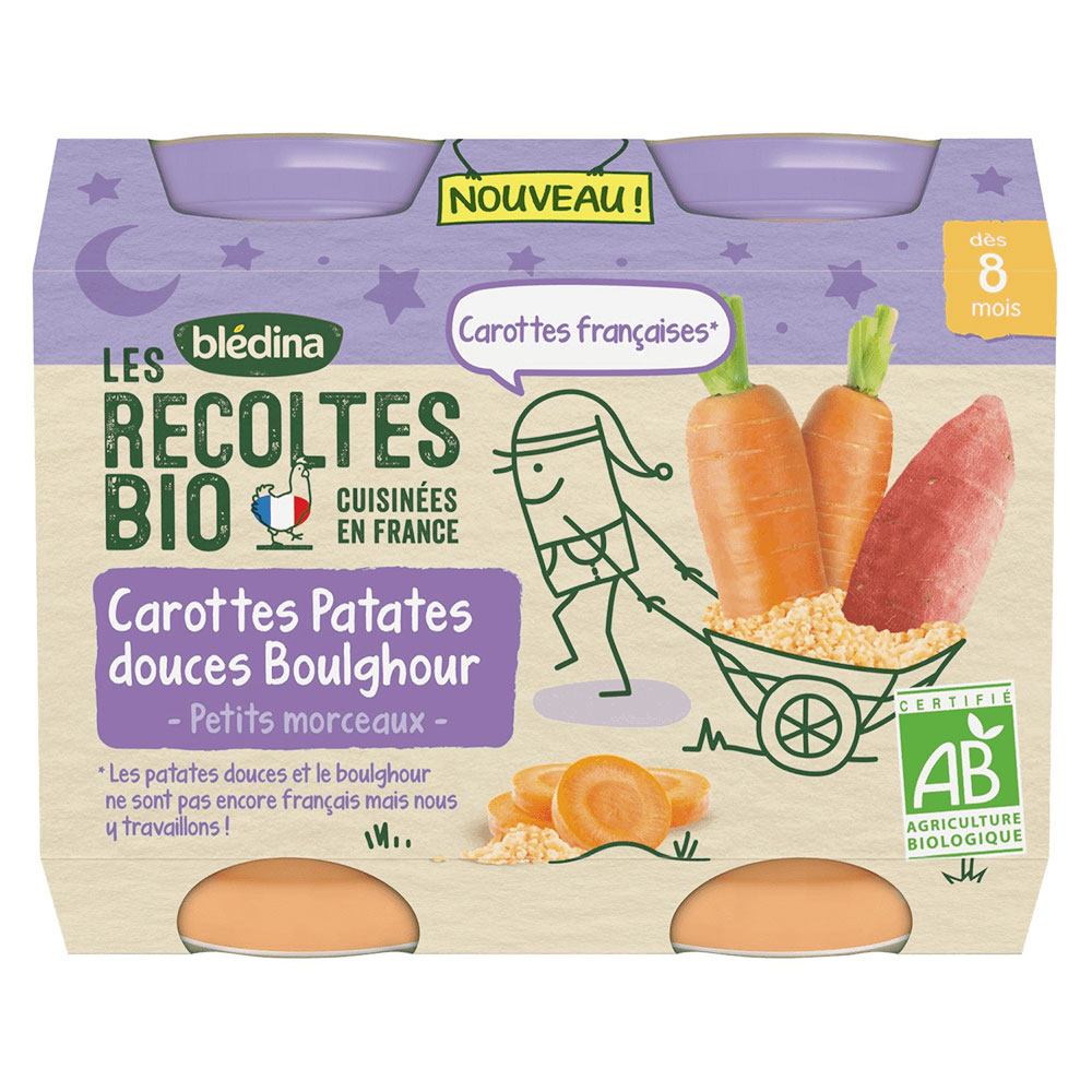 Blédina Plat Bébé Nuit Carottes Patates Douces Boulghour 2x200g Les Recoltes Bio Dès 8 mois Bledina