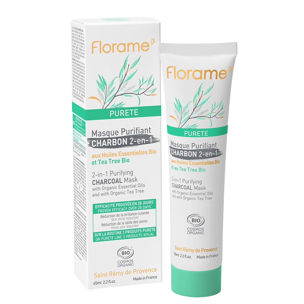 Florame Masque purifiant charbon 2 en 1 Purete bio Peaux mixtes a grasses 65ml