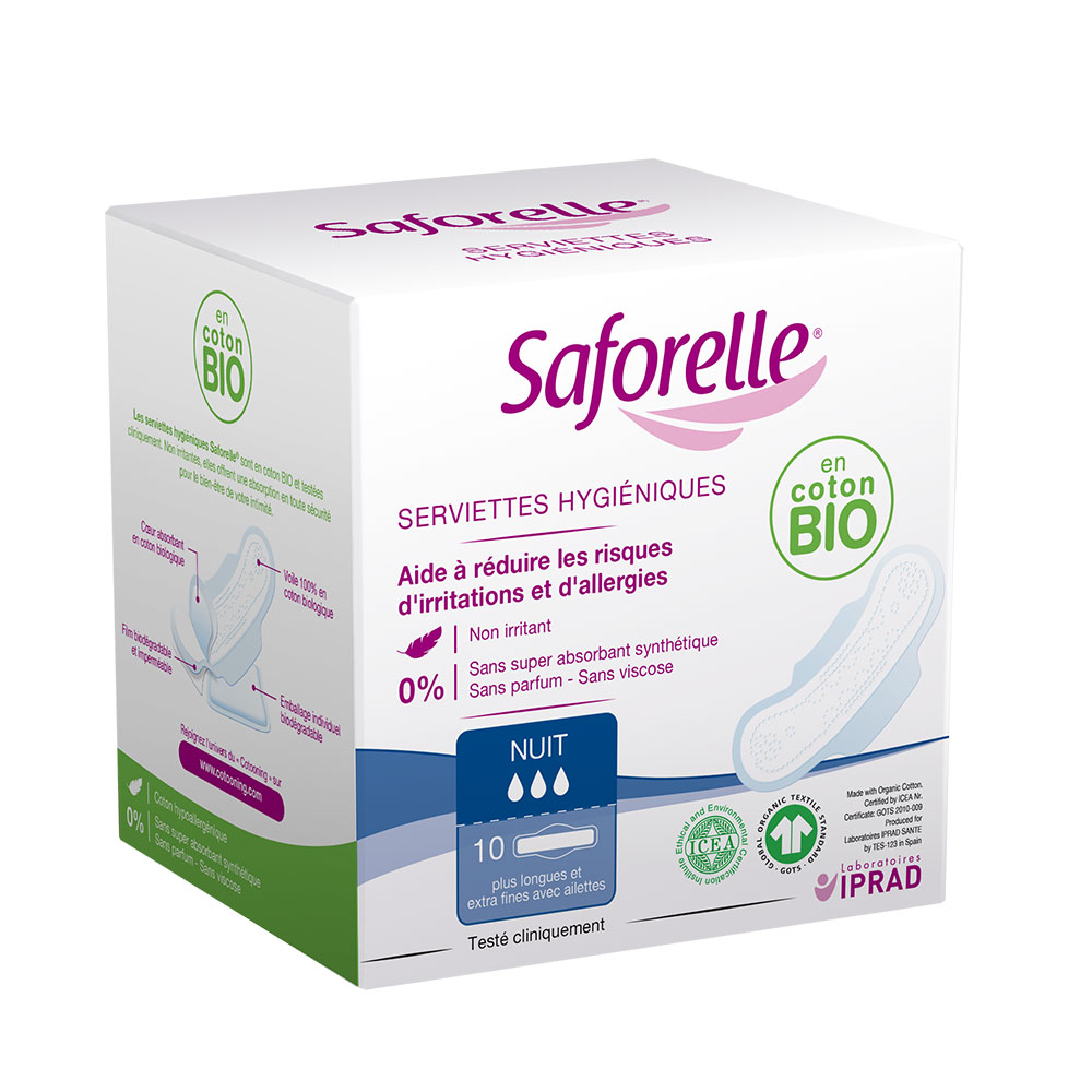 Saforelle Serviettes Hygiéniques Nuit avec ailettes coton bio x10