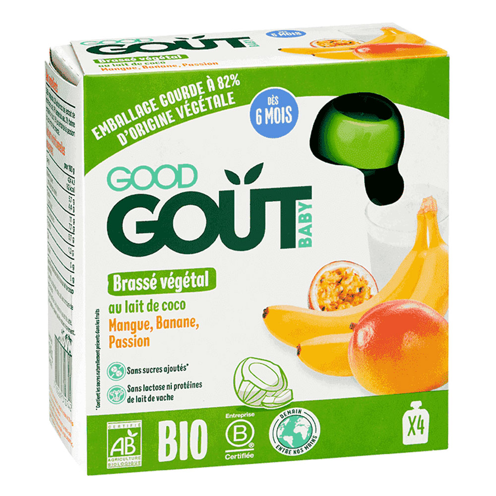 Good Gout Dessert Brassé Végétal Gourdes au lait de coco, Mangue, Banane, Passion Bio Dès 6 mois 4x85g