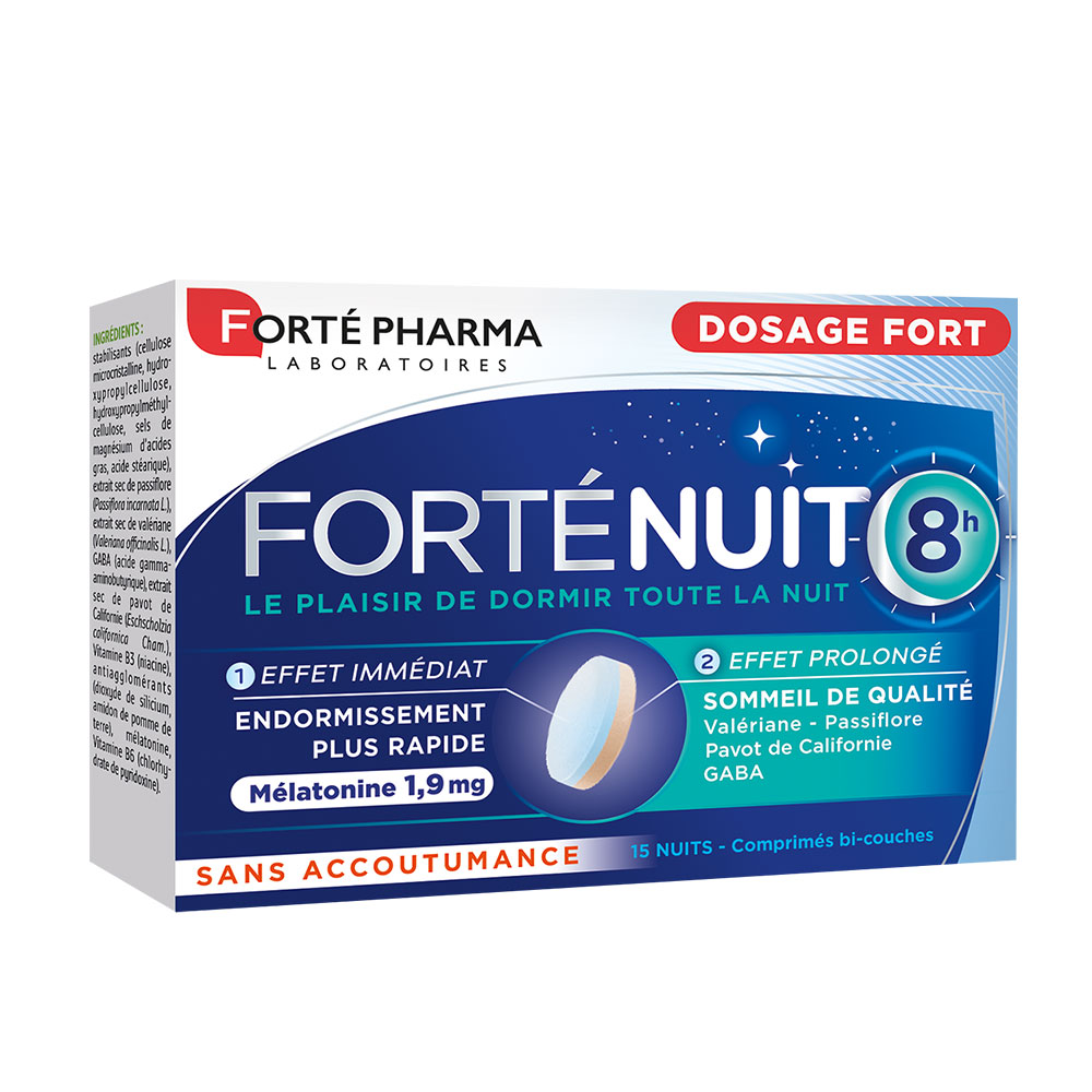 Forté Pharma Forté Nuit Sommeil 8H Mélatonine et Plantes Endormissement plus rapide et Sommeil de qualité 15 comprimés bi-couches