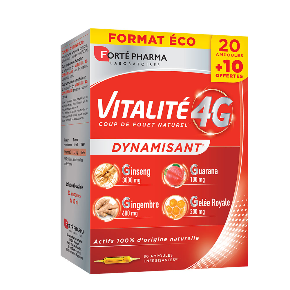 Forté Pharma Vitalité 4G Dynamisant Naturel Ginseng Gingembre Gelée Royale et Guarana 20 + 10 ampoules offertes